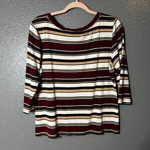 High Sierra Medium Burgundy Brown Stripe 3/4 Sleeve Ballet Neck Top
